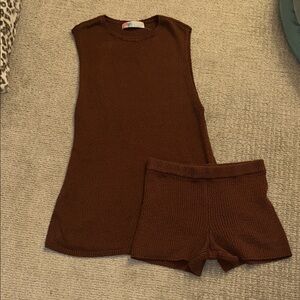 Brown Sleeveless Knit Tunic Top and Shorts Set